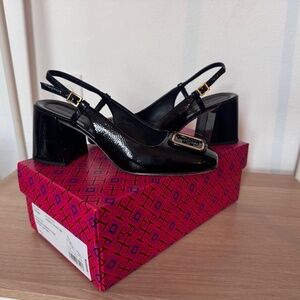 Brand New Women's Tory Burch Georgia Slingback Black and Gold Block Heels